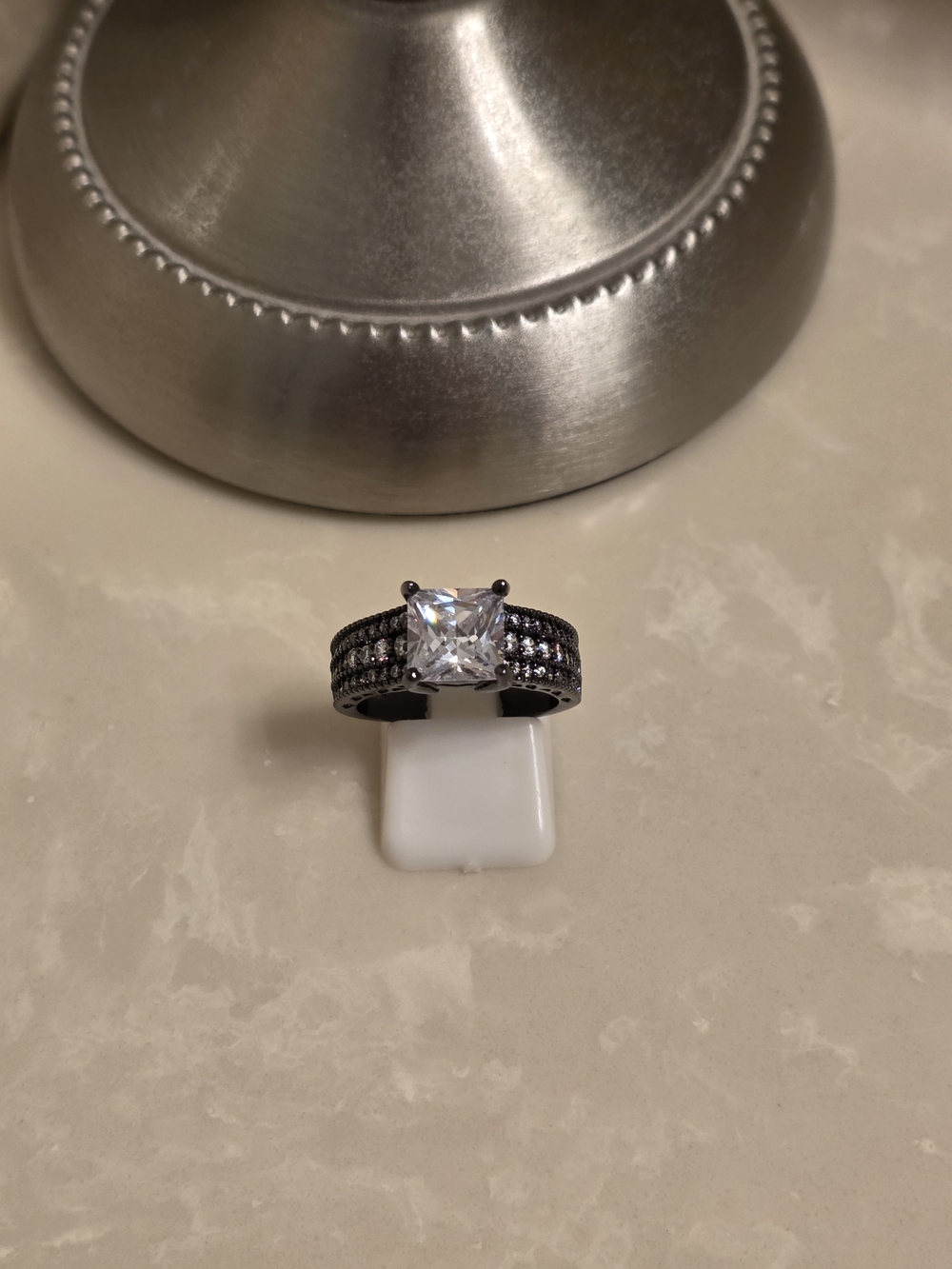 Black Crystal Solitaire Ring with Pavé Band